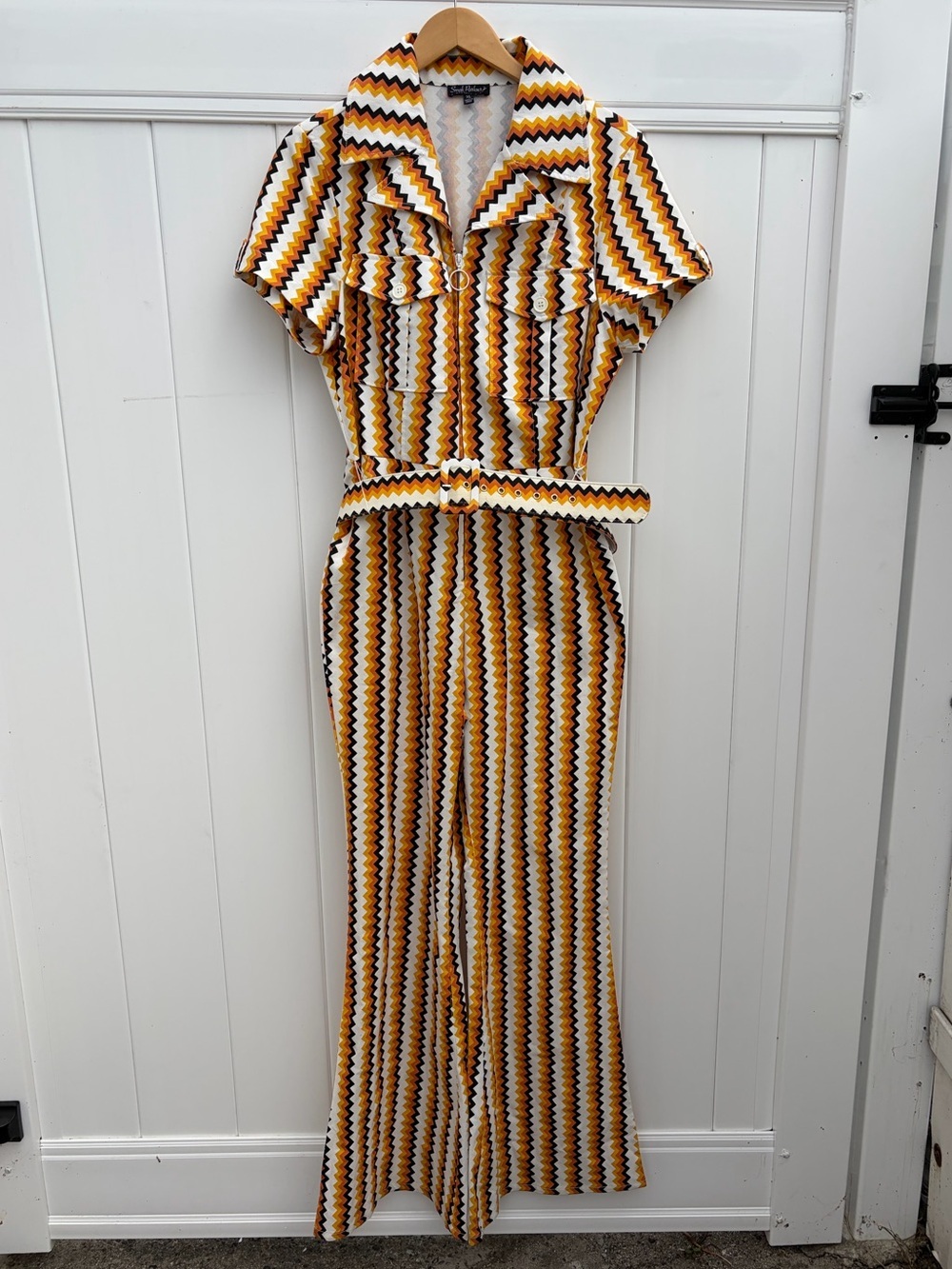 Smack Parlour Retro 1970's Chevron Belted Jumpsuit in Yellow and Brown Sz XL